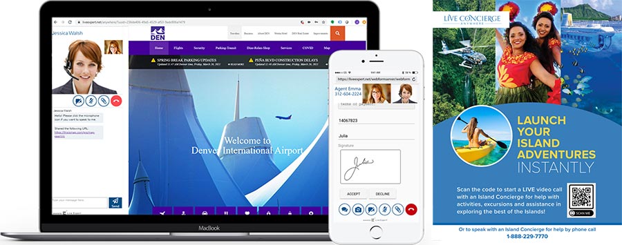 Video customer service software displayed on a laptop and a mobile phone.