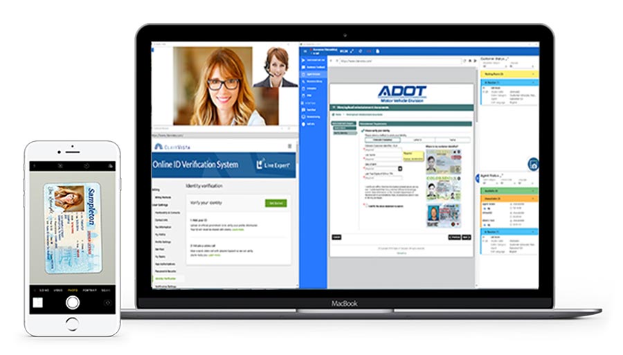 Video customer support software displayed on a mobile phone and a laptop computer.